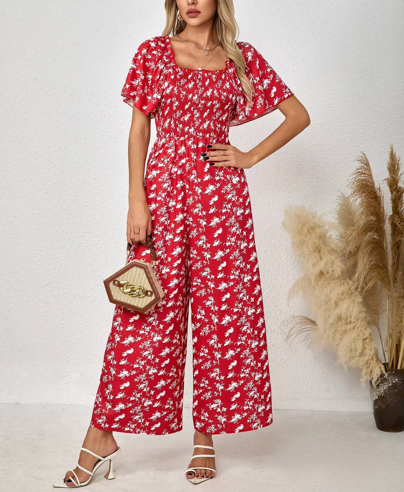Romper Floral Print - Women's Red Jumpsuit Floral Print Square