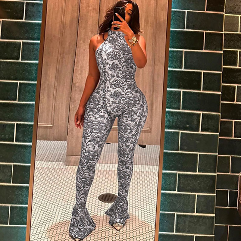 Romper Floral Print - Sexy Floral Print Flare Pant Jumpsuit