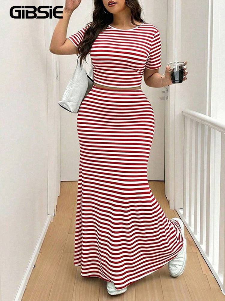 Crop Top Crochet - GIBSIE Plus Size Striped O-Neck Short