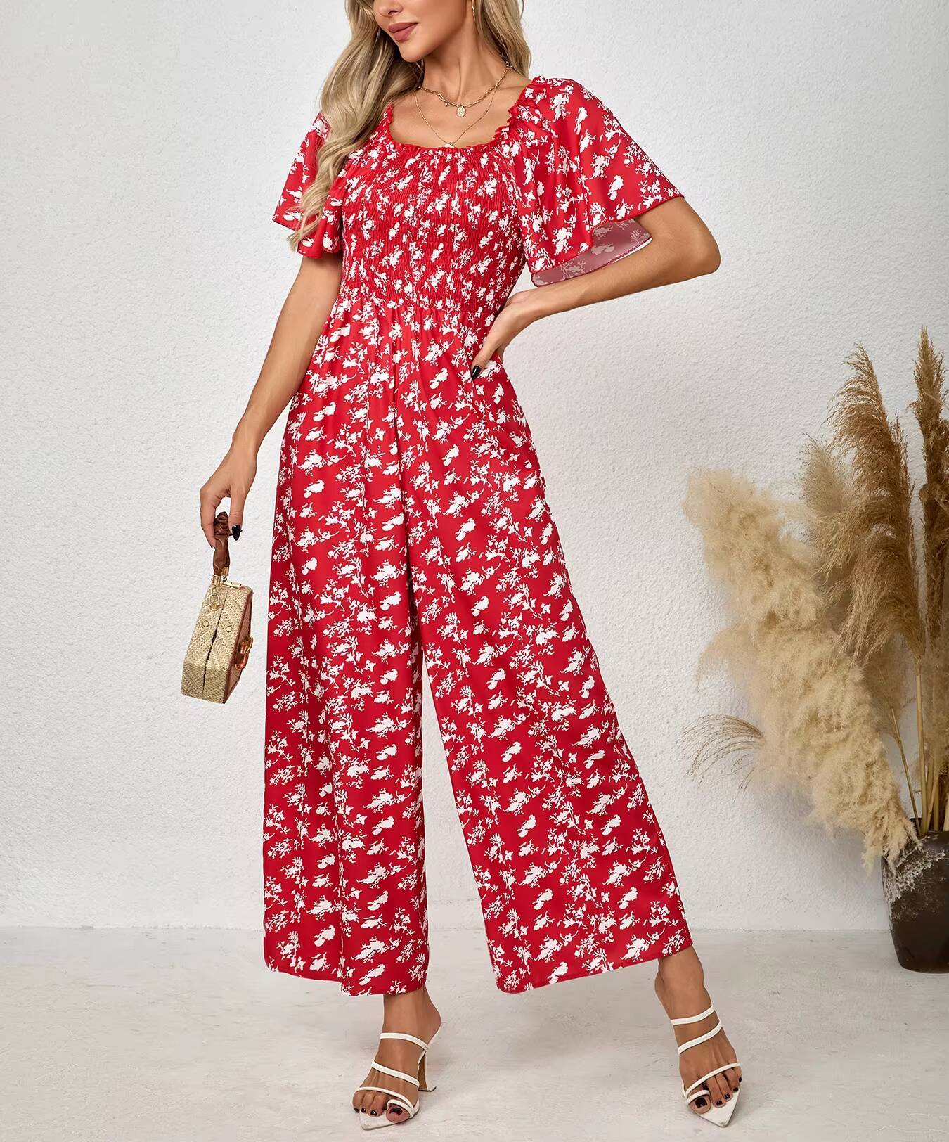 Women's Red Jumpsuit Floral Pr - Romper Floral Print ulasan dan harga