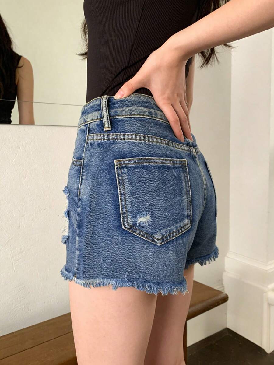 Womens Mid-Rise Distressed Fra - Shorts Denim Frayed ulasan dan harga