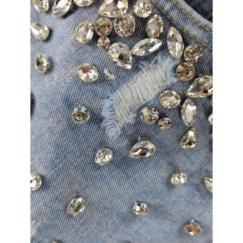 Hot Girl Style Rhinestone Ripp - Shorts Denim Frayed ulasan dan harga