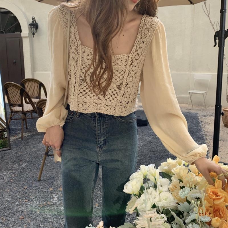 573B Women Sheer Puff Long Sle - Crop Top Crochet ulasan dan harga