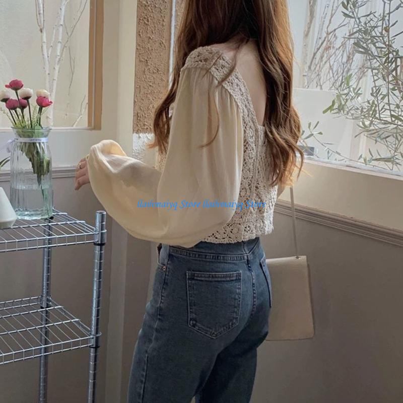 573B Women Sheer Puff Long Sle - Crop Top Crochet ulasan dan harga