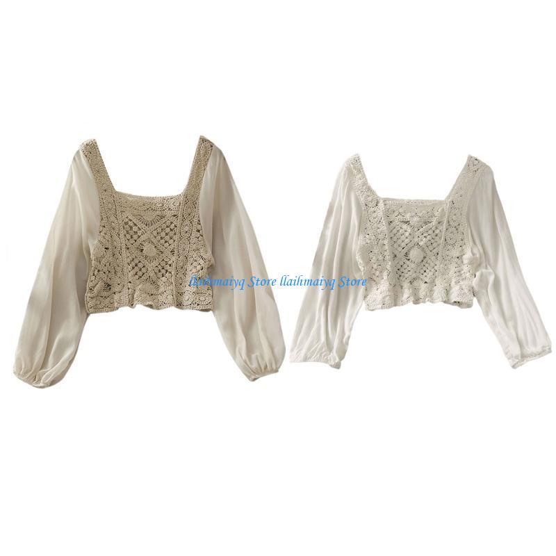 573B Women Sheer Puff Long Sle - Crop Top Crochet ulasan dan harga