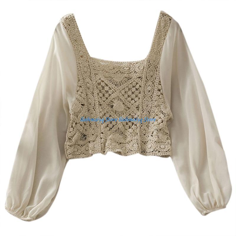573B Women Sheer Puff Long Sle - Crop Top Crochet ulasan dan harga