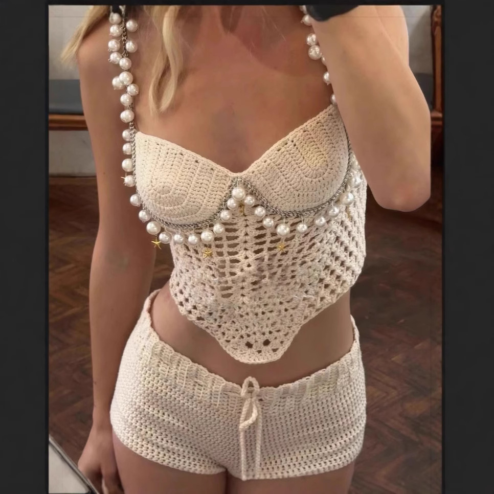 Sexy Beading Crochet Crop Vest - Crop Top Crochet ulasan dan harga