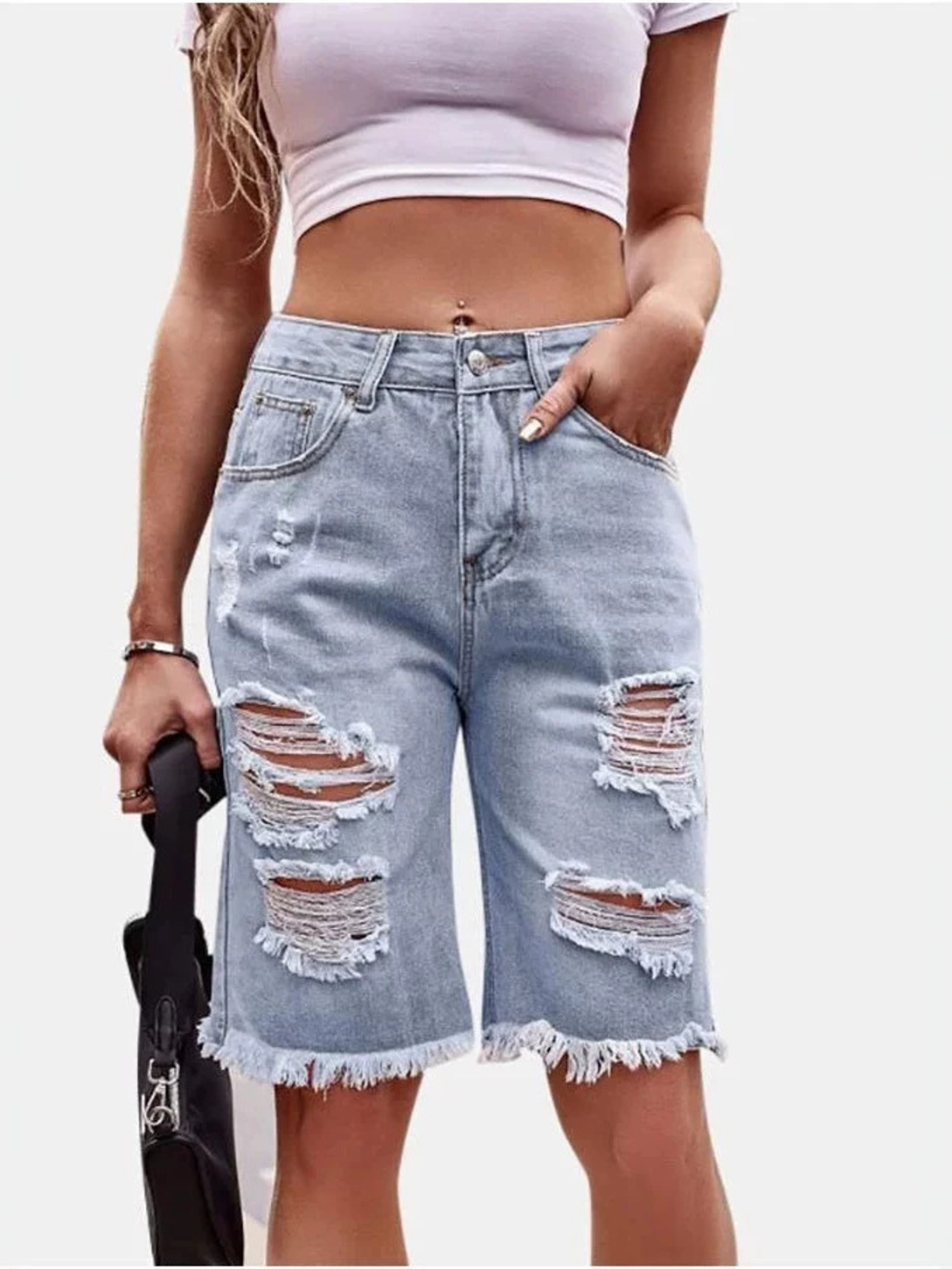Women's High Waist Ripped Cott - Shorts Denim Frayed ulasan dan harga