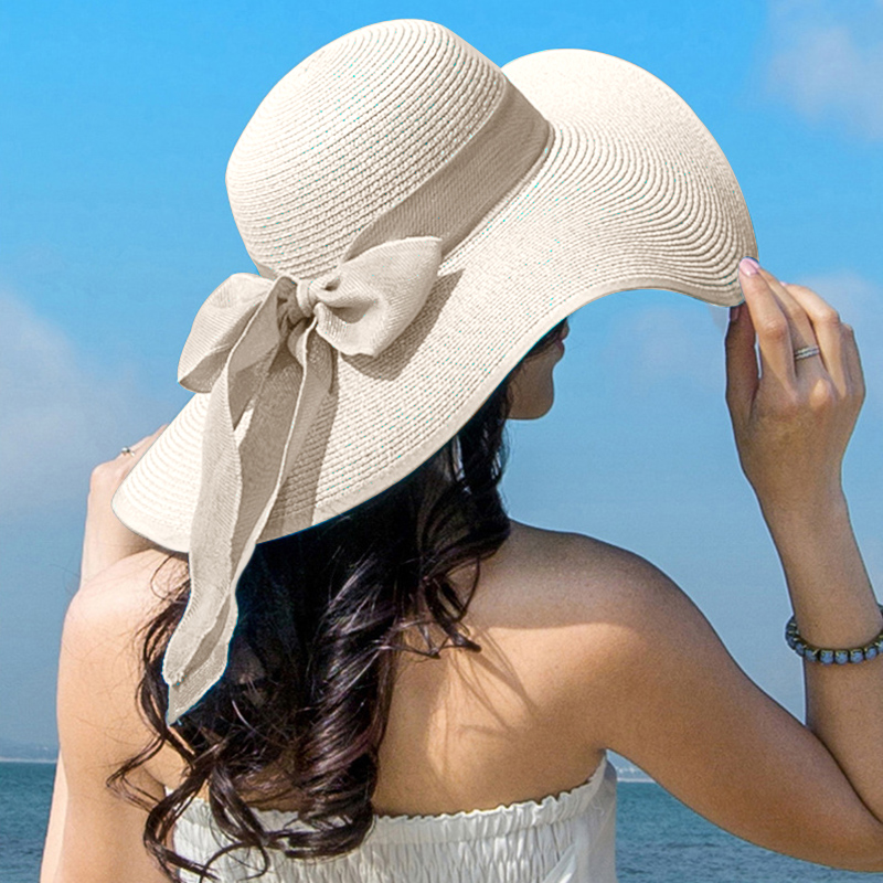 Summer Women Straw Hat Bowknot - Hat Floppy Wide ulasan dan harga