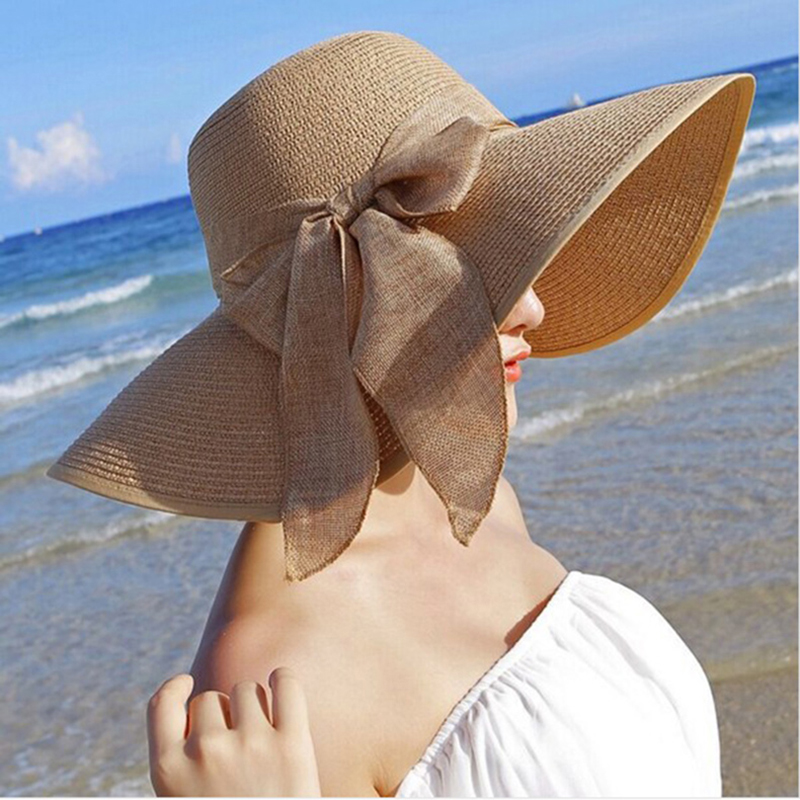 Summer Women Straw Hat Bowknot - Hat Floppy Wide ulasan dan harga