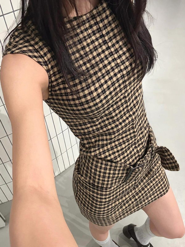 Retro Korean Plaid Slimming Ve - Linen Dress Wrap ulasan dan harga
