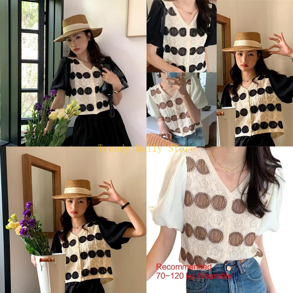 N5KB Women Patchwork Puff Shor - Crop Top Crochet ulasan dan harga