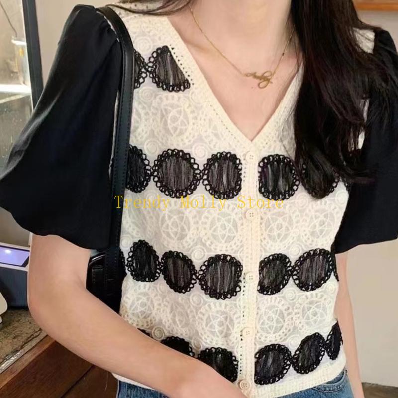 N5KB Women Patchwork Puff Shor - Crop Top Crochet ulasan dan harga