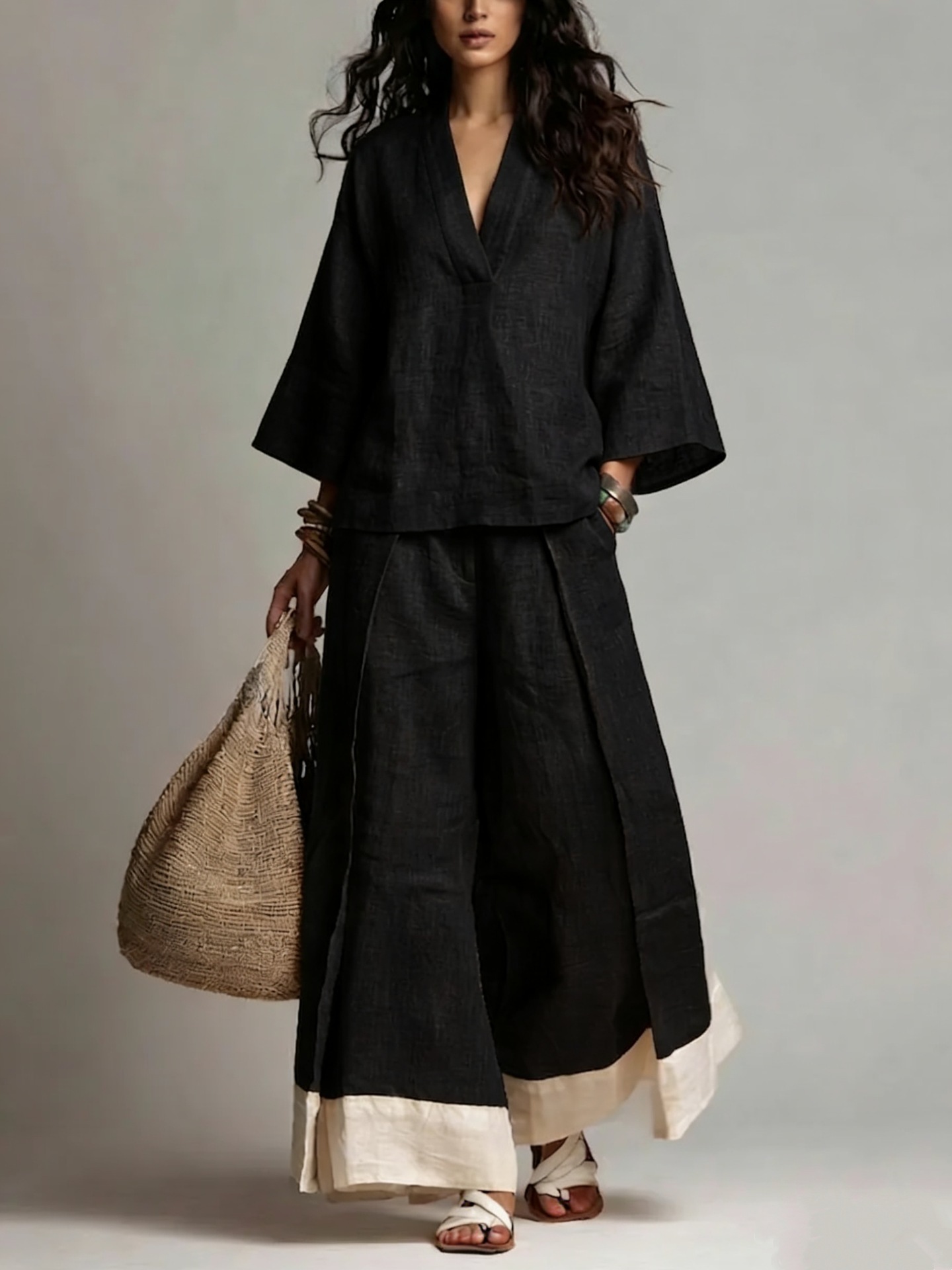 Summer Women V-neck Cotton Lin - Linen Pant Wide ulasan dan harga