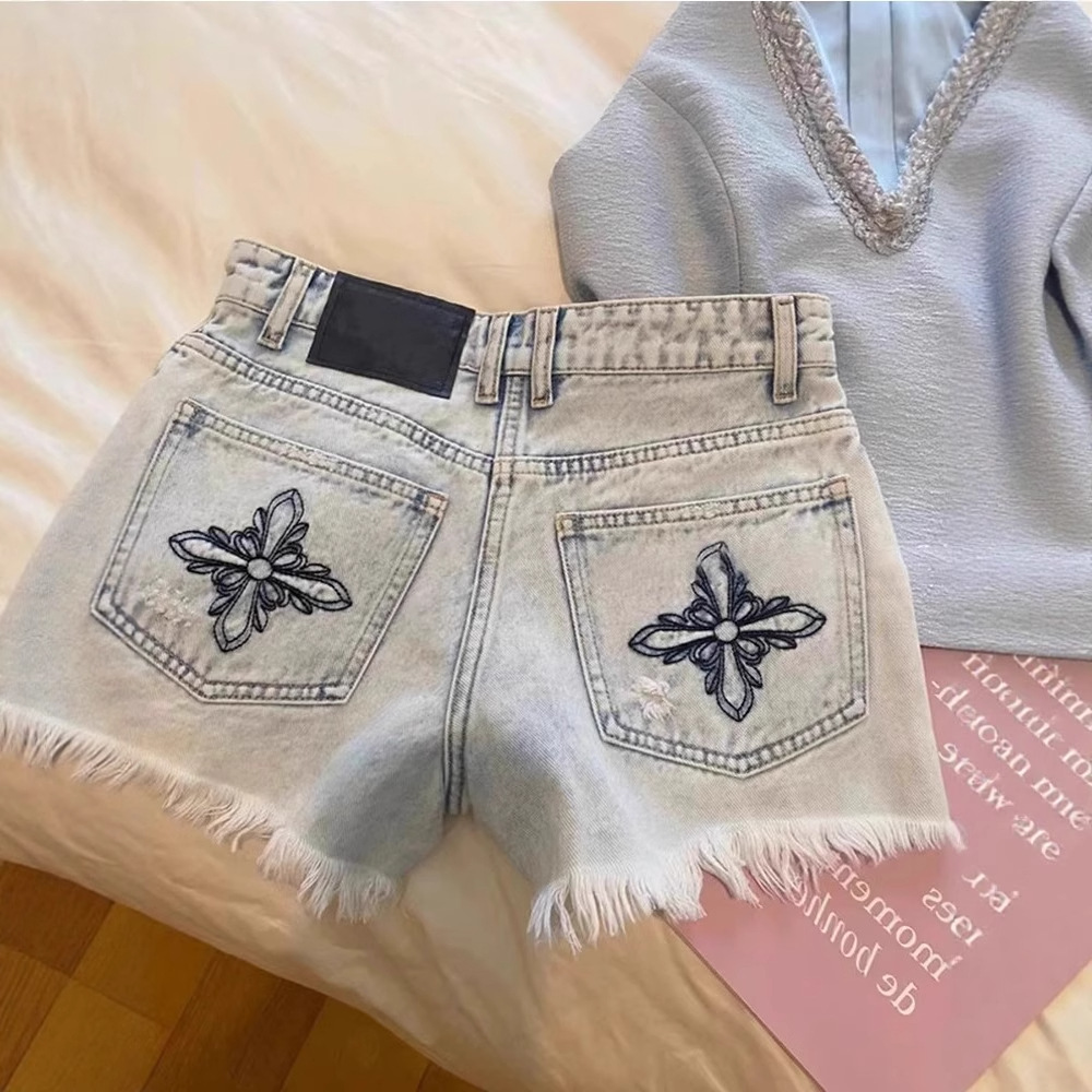 2026 Summer Vintage Washed Emb - Shorts Denim Frayed ulasan dan harga