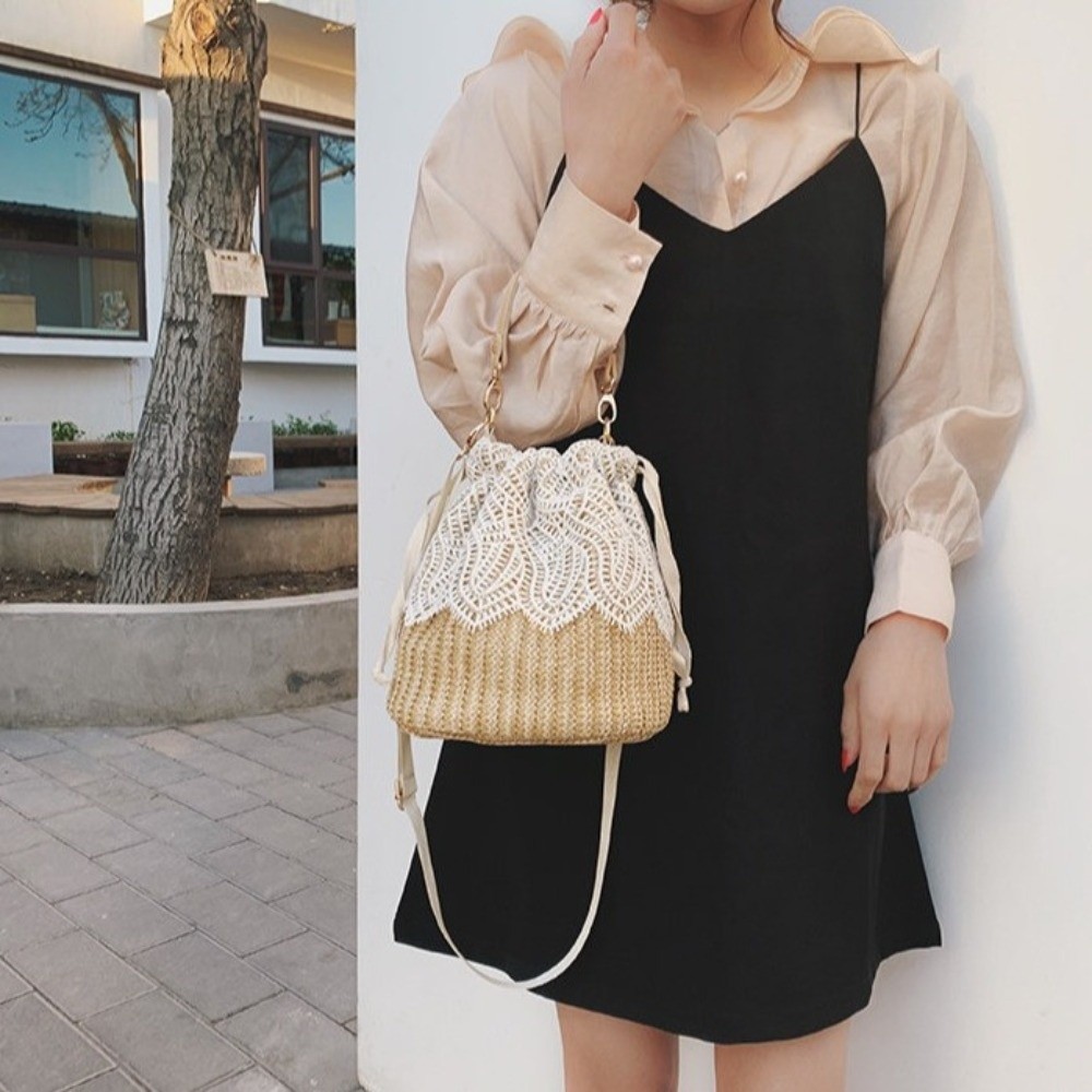 Vintage Lace Straw Shoulder Ba - Tote Bag Beach ulasan dan harga