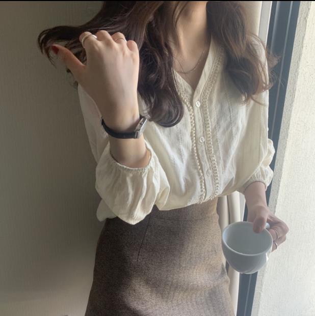 White V-Ne Lace irt Women's Lo - Blouse Off Shoulder ulasan dan harga