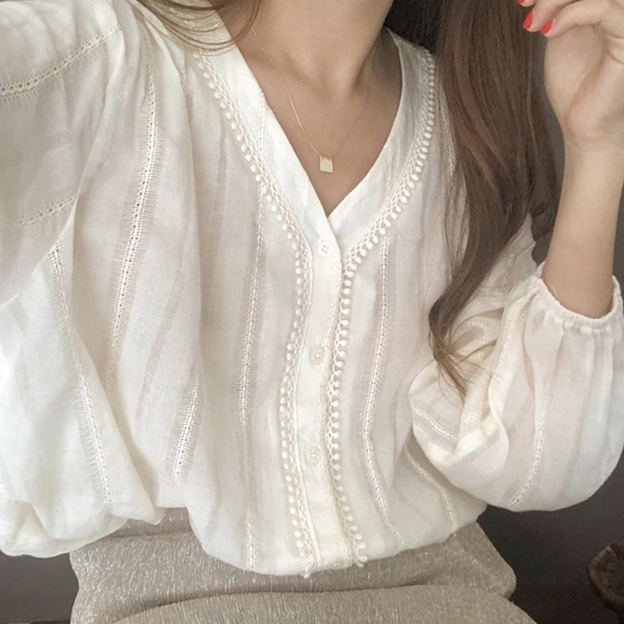 White V-Ne Lace irt Women's Lo - Blouse Off Shoulder ulasan dan harga